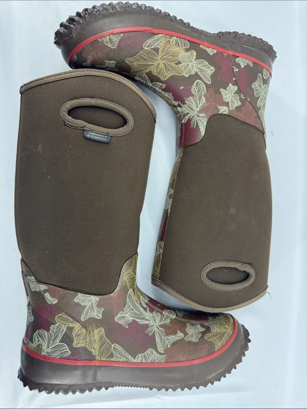 Perfect Storm Cloud High Rubber Neoprene Womens Brown Leaves Rain Work Boots, 8